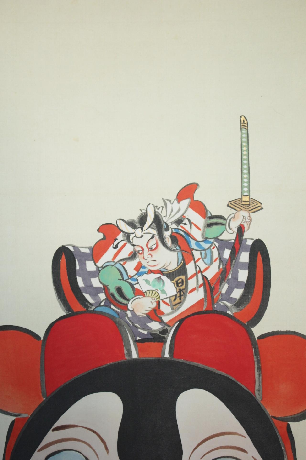 19th Century Japanese Antiques 4th Head Torii Kiyotada Silk color scroll Momotaro Ukiyo-e For Sale