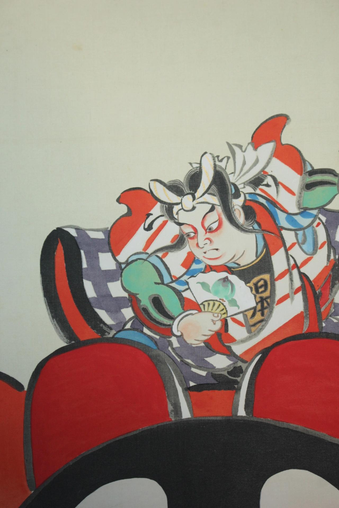 Japanese Antiques 4th Head Torii Kiyotada Silk color scroll Momotaro Ukiyo-e For Sale 1