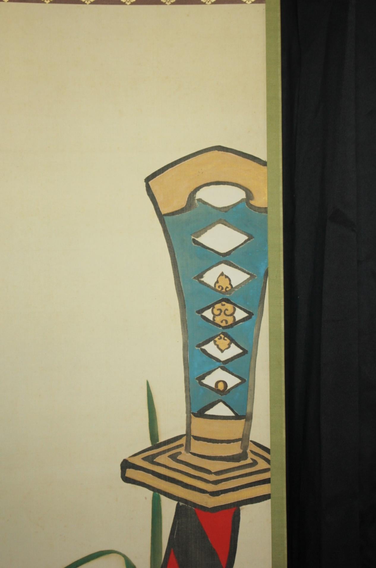 19th Century Japanese Antiques 4th Head Torii Kiyotada Silk Painted Scroll, Festival, Sword For Sale