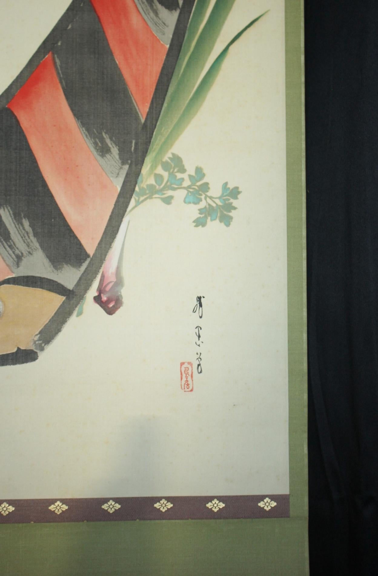 Japanese Antiques 4th Head Torii Kiyotada Silk Painted Scroll, Festival, Sword For Sale 4