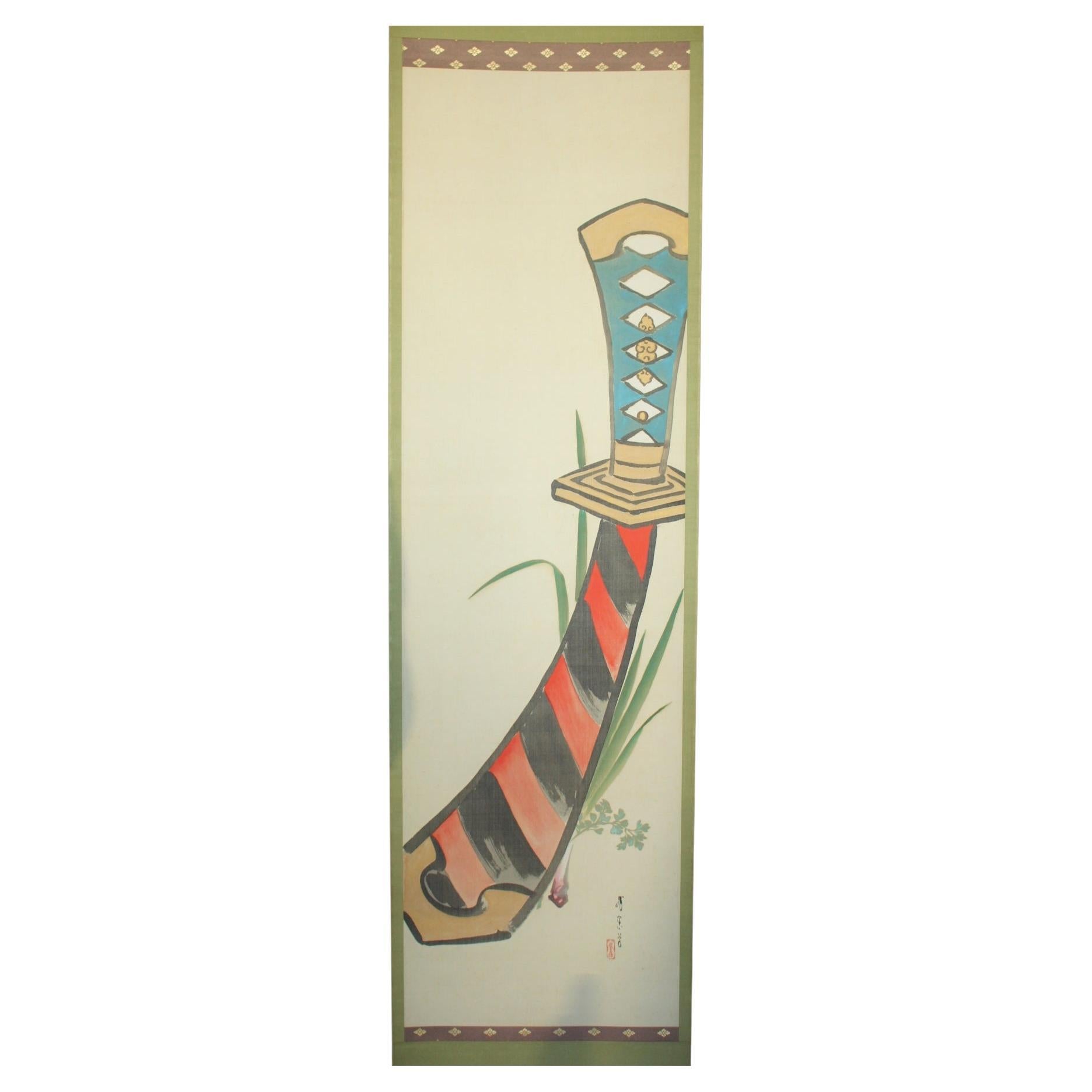 Japanese Antiques 4th Head Torii Kiyotada Silk Painted Scroll, Festival, Sword