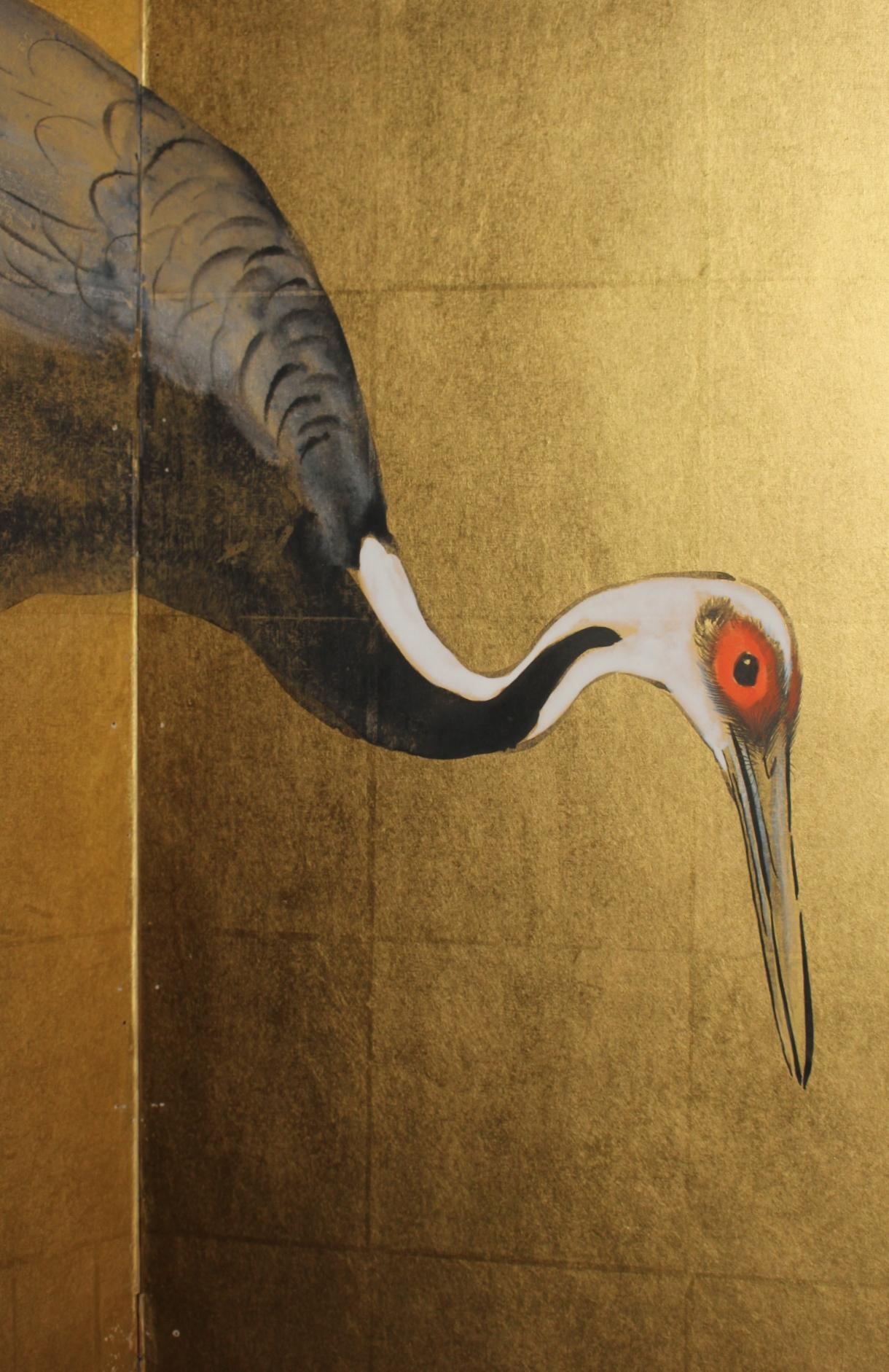 Japanese Antiques 6panels, Gold back, crane and pine, Araki Jippo folding screen For Sale 5