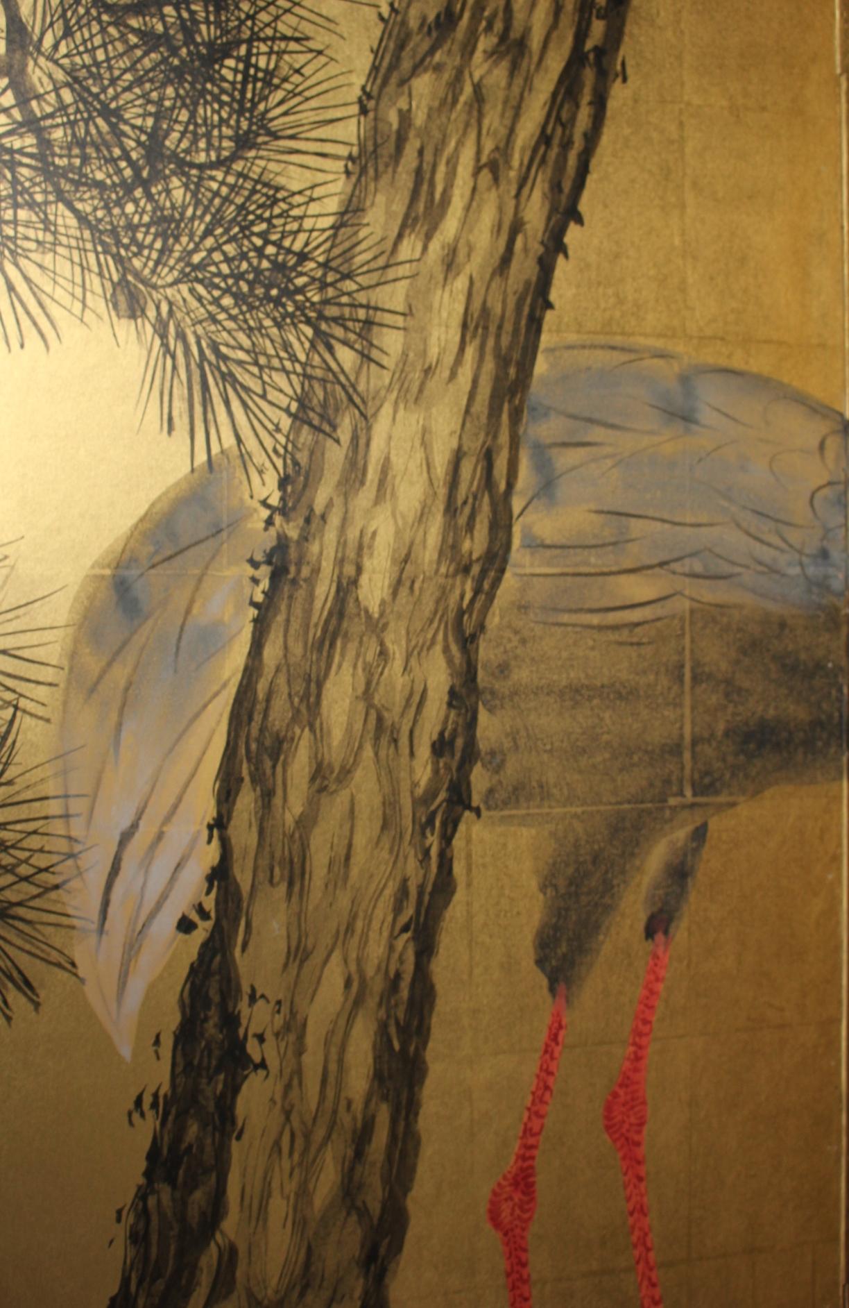 Japanese Antiques 6panels, Gold back, crane and pine, Araki Jippo folding screen For Sale 6