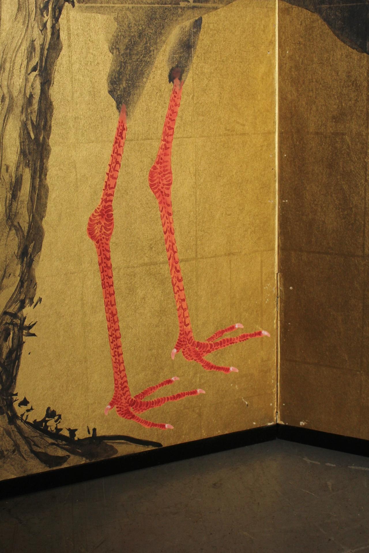Japanese Antiques 6panels, Gold back, crane and pine, Araki Jippo folding screen For Sale 7