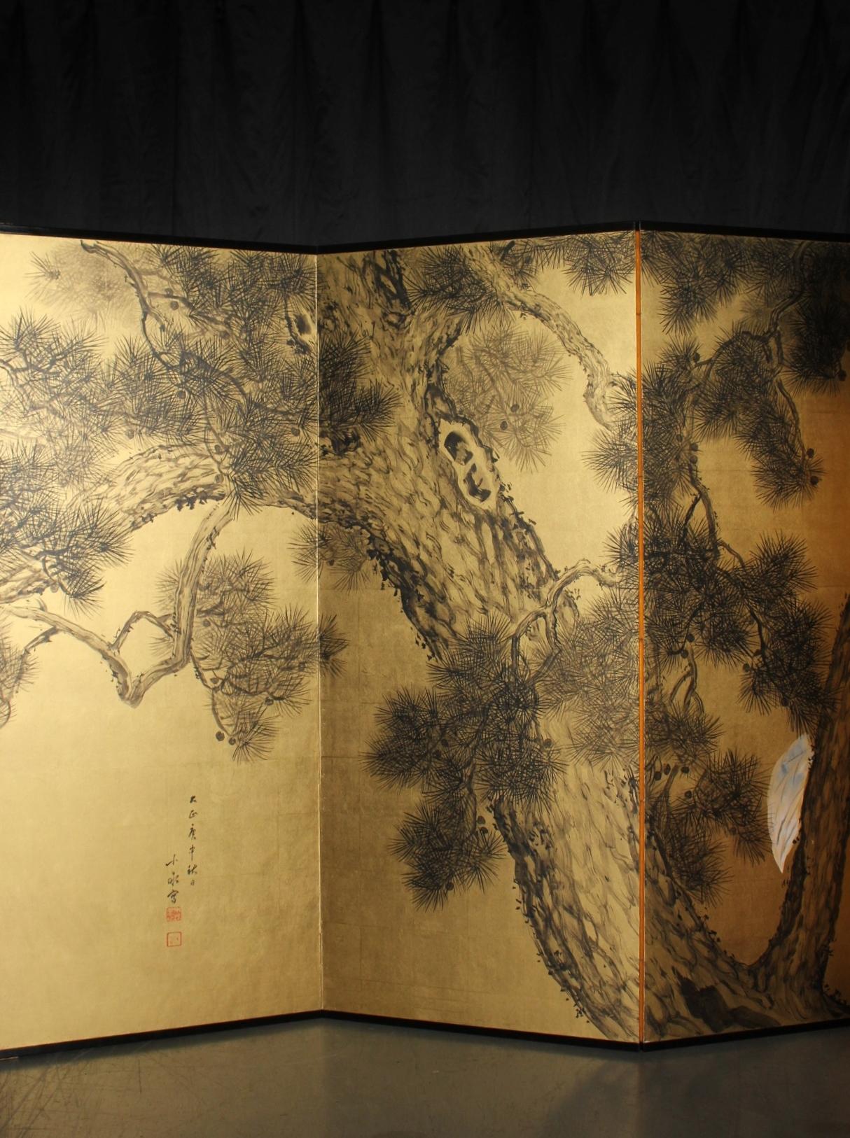 Japanese Antiques 6panels, Gold back, crane and pine, Araki Jippo folding screen For Sale 8