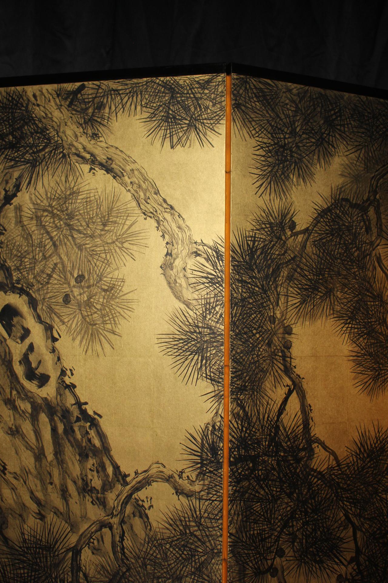 Japanese Antiques 6panels, Gold back, crane and pine, Araki Jippo folding screen For Sale 9