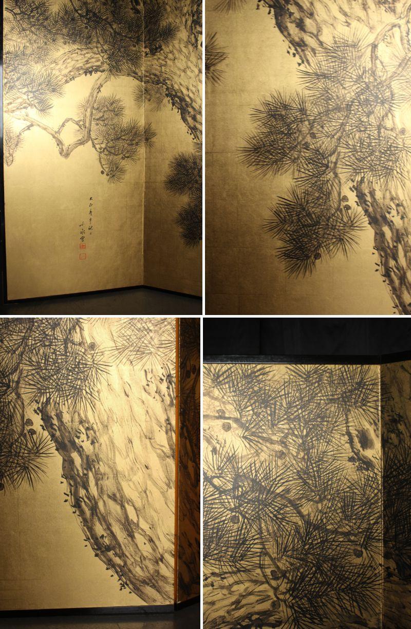 Japanese Antiques 6panels, Gold back, crane and pine, Araki Jippo folding screen For Sale 10