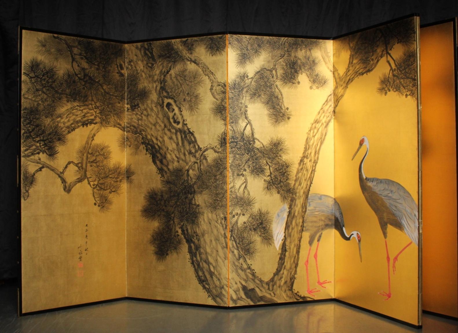 Hand-Painted Japanese Antiques 6panels, Gold back, crane and pine, Araki Jippo folding screen For Sale