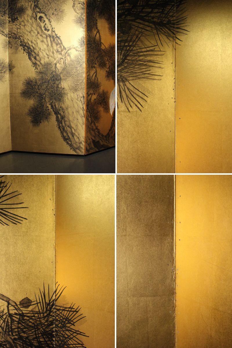 Japanese Antiques 6panels, Gold back, crane and pine, Araki Jippo folding screen For Sale 14