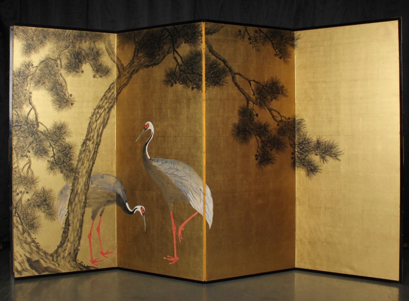 Japanese Antiques 6panels, Gold back, crane and pine, Araki Jippo folding screen In Good Condition For Sale In Niiza, JP