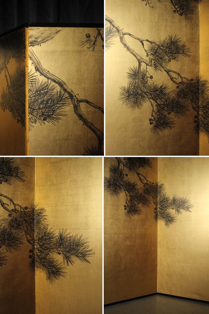 Paper Japanese Antiques 6panels, Gold back, crane and pine, Araki Jippo folding screen For Sale