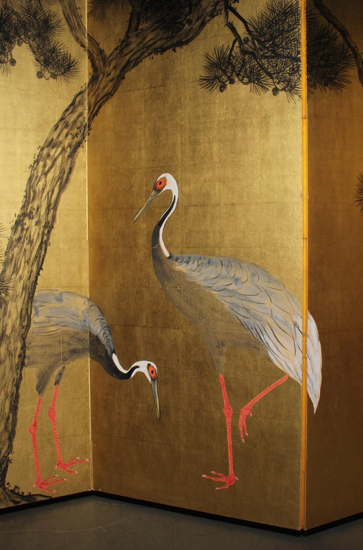 Japanese Antiques 6panels, Gold back, crane and pine, Araki Jippo folding screen For Sale 1