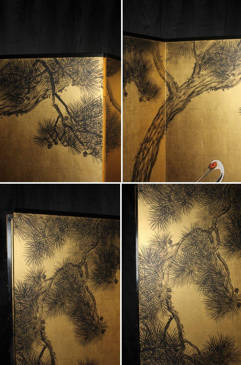 Japanese Antiques 6panels, Gold back, crane and pine, Araki Jippo folding screen For Sale 2
