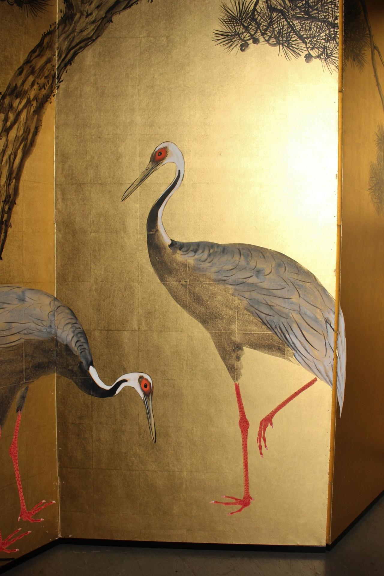 Japanese Antiques 6panels, Gold back, crane and pine, Araki Jippo folding screen For Sale 3