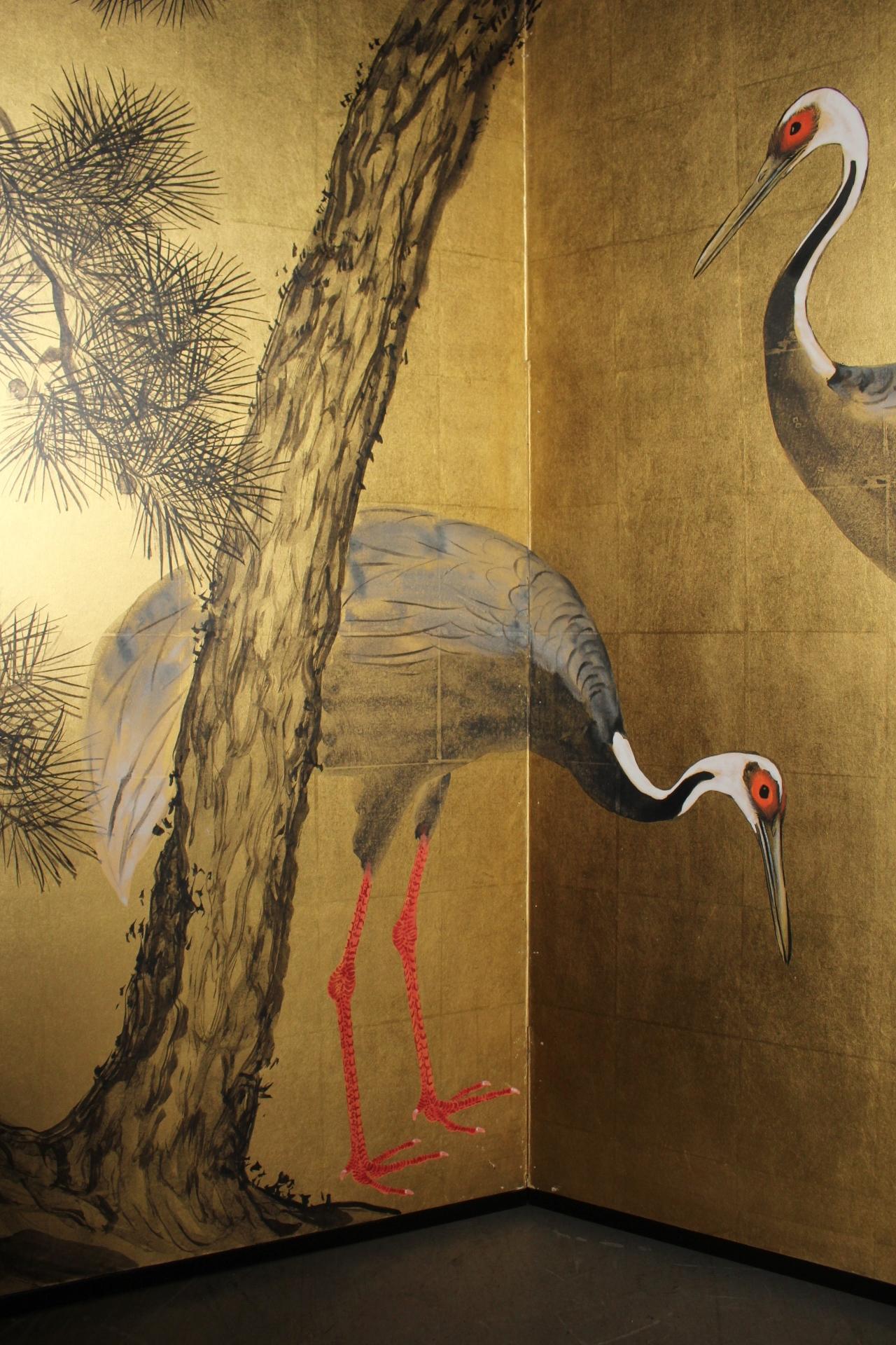 Japanese Antiques 6panels, Gold back, crane and pine, Araki Jippo folding screen For Sale 4