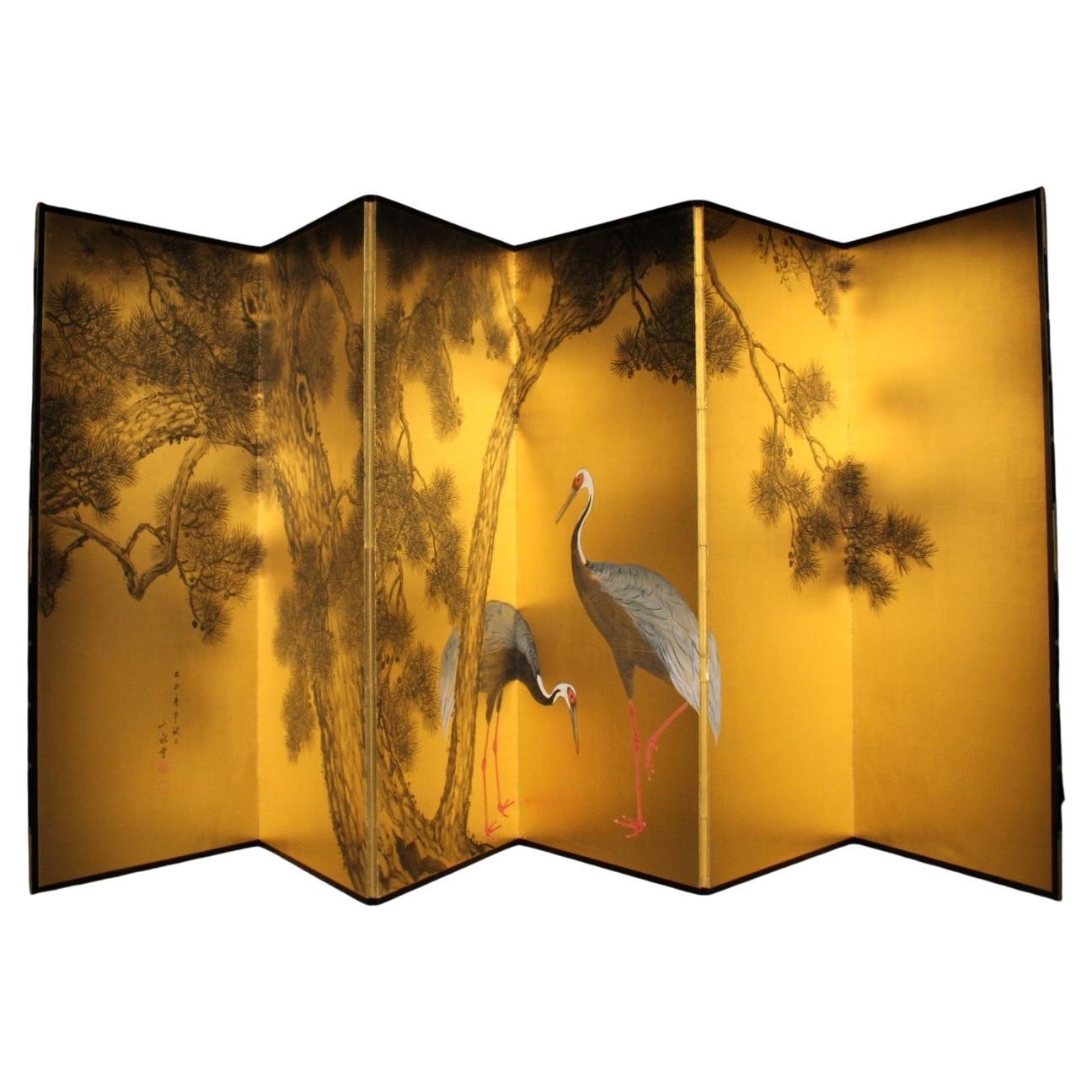Japanese Antiques 6panels, Gold back, crane and pine, Araki Jippo folding screen