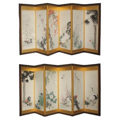 Japanese Antiques 6panels, set of 2, Gold back, Flower & bird, folding Screen