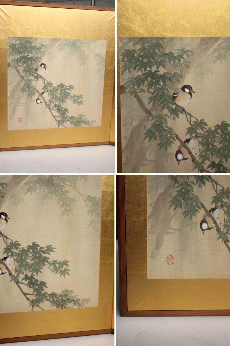 Japanese Antiques 8 panels, set of 2, flowers and birds, gold folding screen For Sale 5
