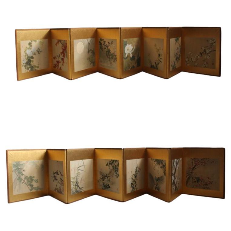 Japanese Antiques 8 panels, set of 2, flowers and birds, gold folding screen