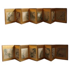 Japanese Antiques 8 panels, set of 2, flowers and birds, gold folding screen