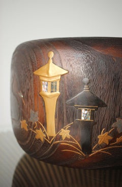 Japanese Antiques A paulownia lacquer Makie brazier with a deer and a lantern