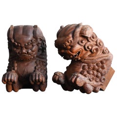 Japanese Antiques After 1910-Wood Carving Lions / Shrines and Temples