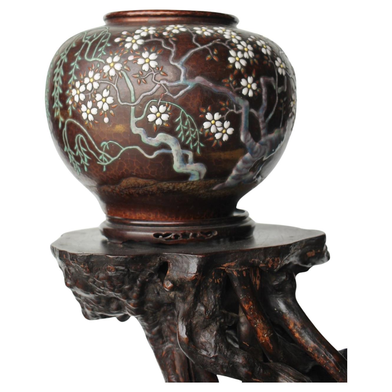 Japanese Antiques Ando Shippo Cherry Blossom Pattern Copper cloisonne Vase