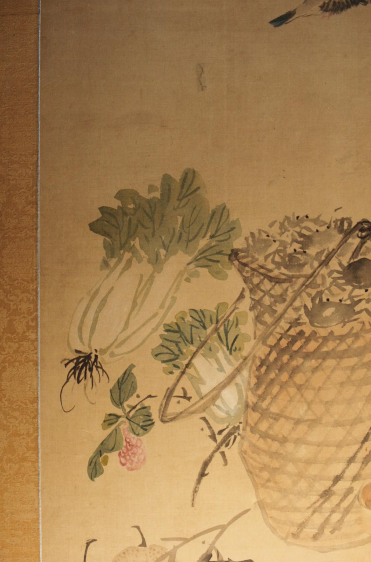 B8 Japanese Antiques  FlowersBirdsFruitsVegetables, folding Screen, 2panels Silk For Sale 5