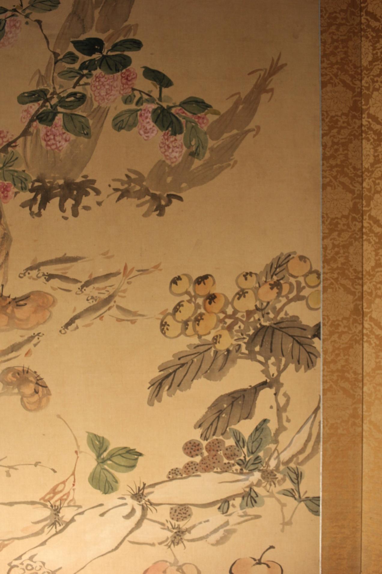 B8 Japanese Antiques  FlowersBirdsFruitsVegetables, folding Screen, 2panels Silk For Sale 6
