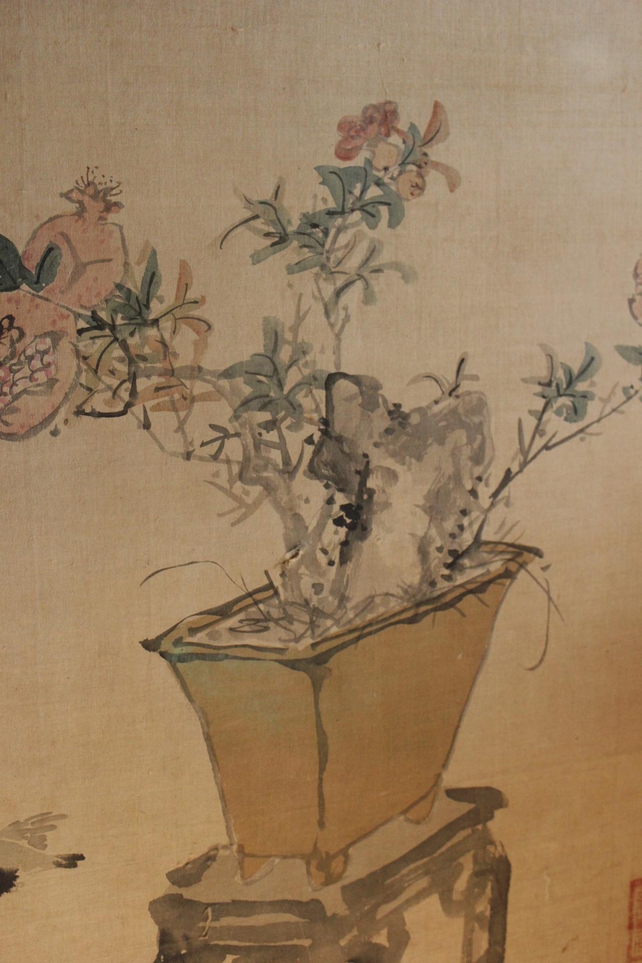 B8 Japanese Antiques  FlowersBirdsFruitsVegetables, folding Screen, 2panels Silk For Sale 10