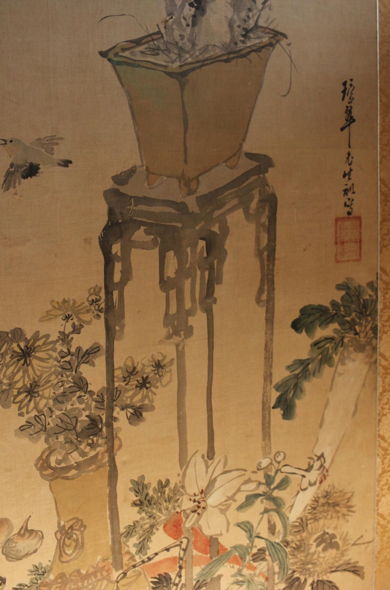 B8 Japanese Antiques  FlowersBirdsFruitsVegetables, folding Screen, 2panels Silk For Sale 11