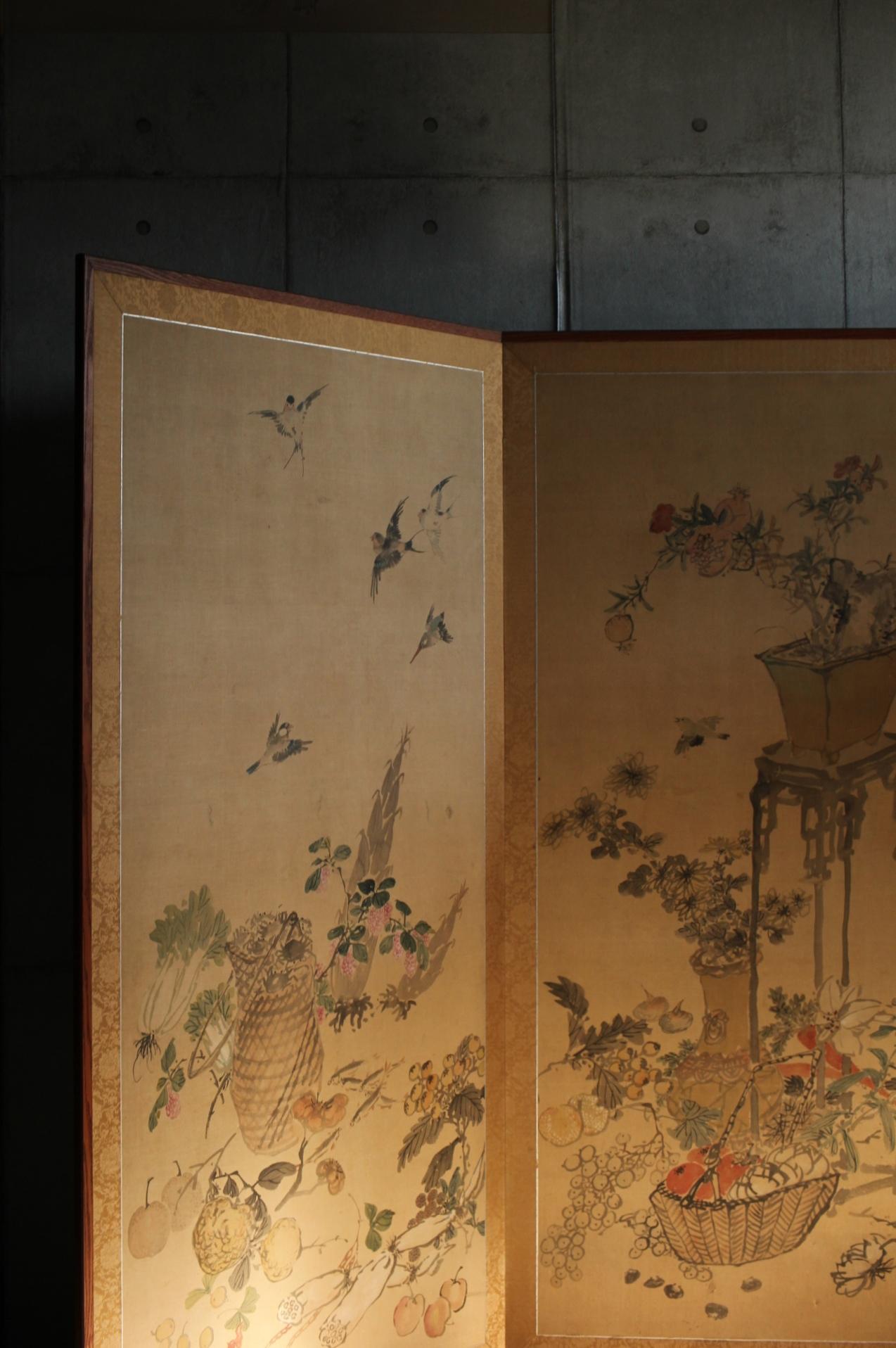 Hand-Painted B8 Japanese Antiques  FlowersBirdsFruitsVegetables, folding Screen, 2panels Silk For Sale