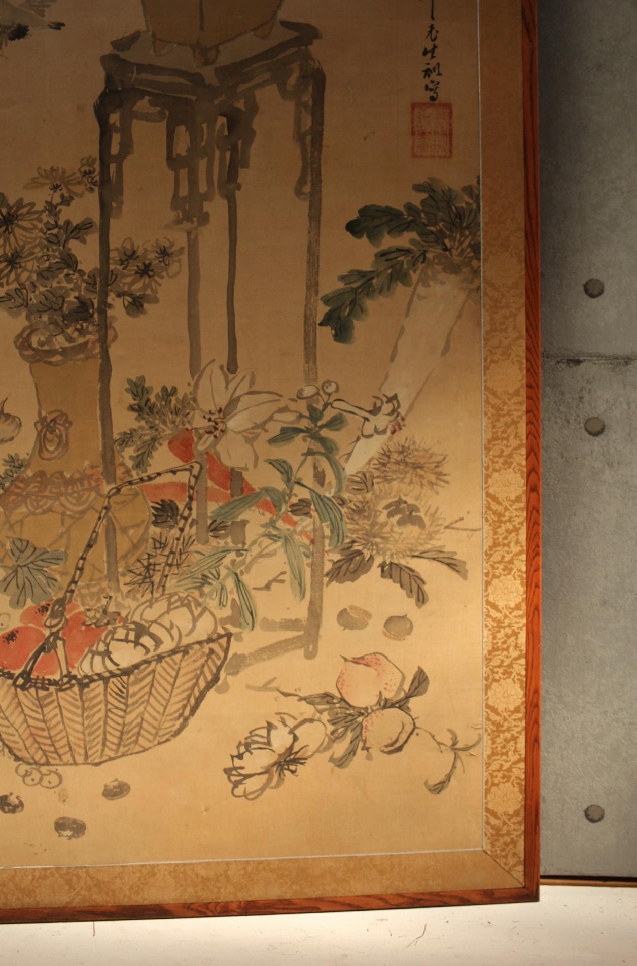 B8 Japanese Antiques  FlowersBirdsFruitsVegetables, folding Screen, 2panels Silk For Sale 1