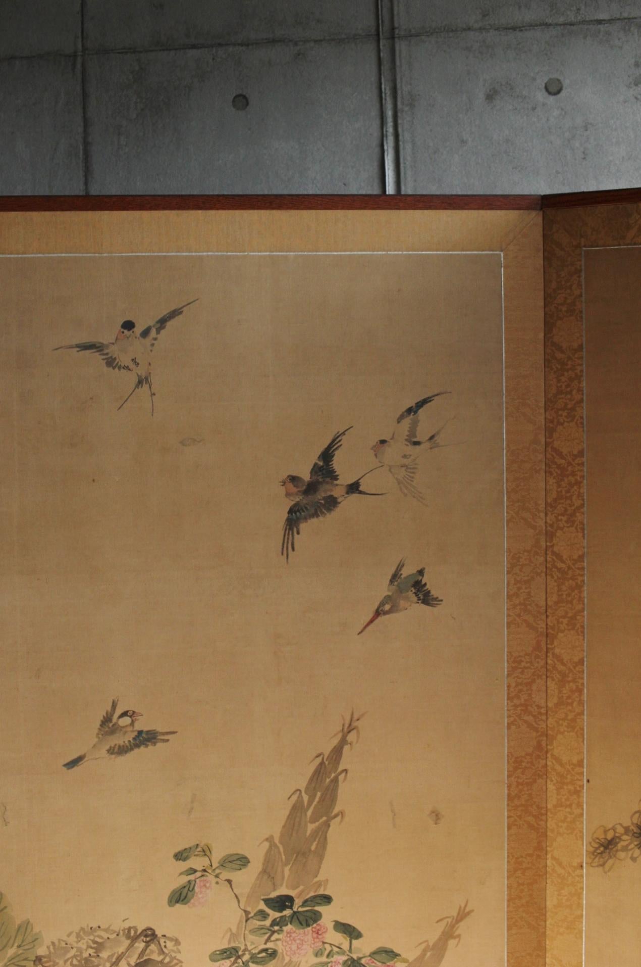 B8 Japanese Antiques  FlowersBirdsFruitsVegetables, folding Screen, 2panels Silk For Sale 2