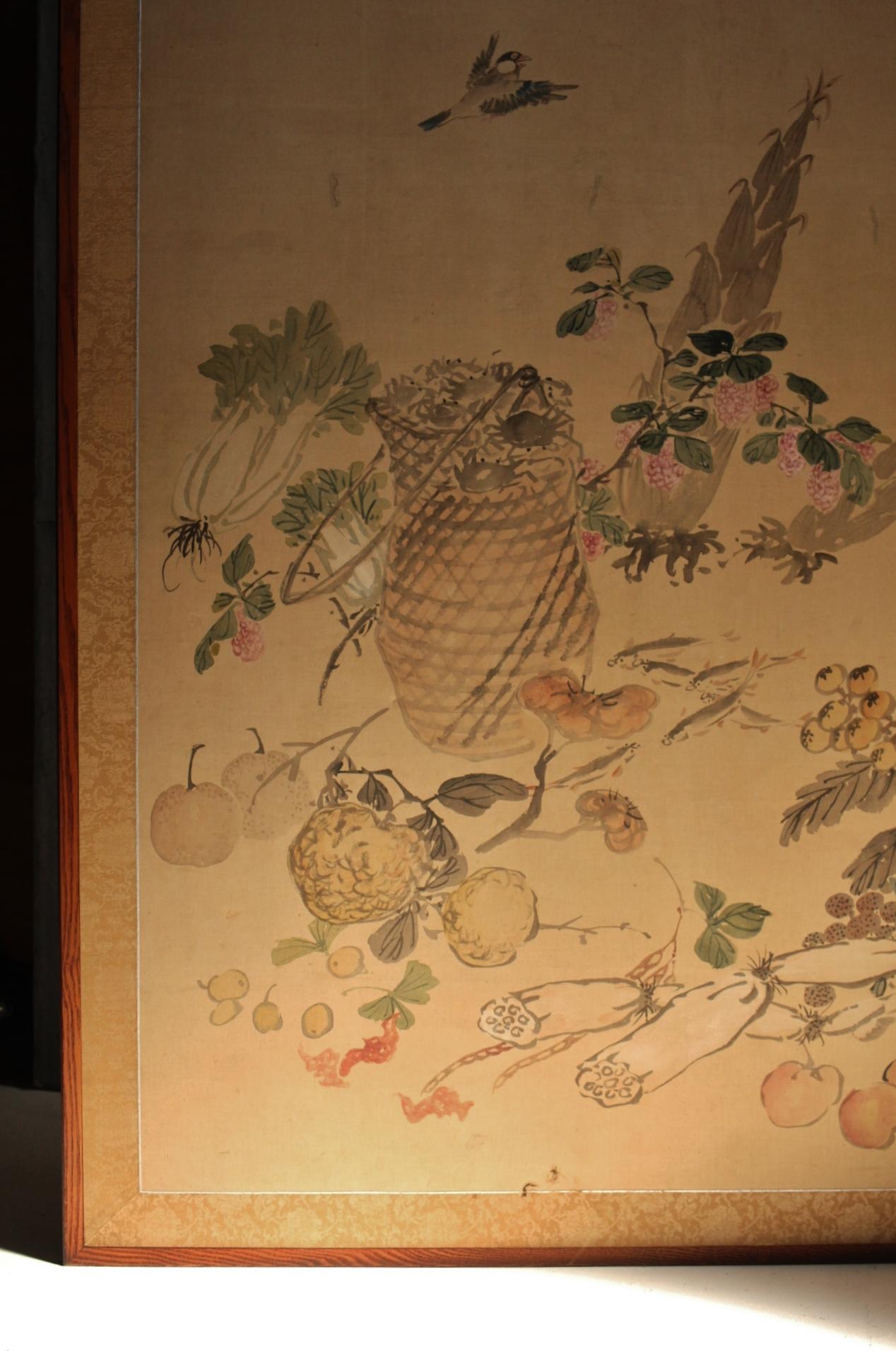 B8 Japanese Antiques  FlowersBirdsFruitsVegetables, folding Screen, 2panels Silk For Sale 3