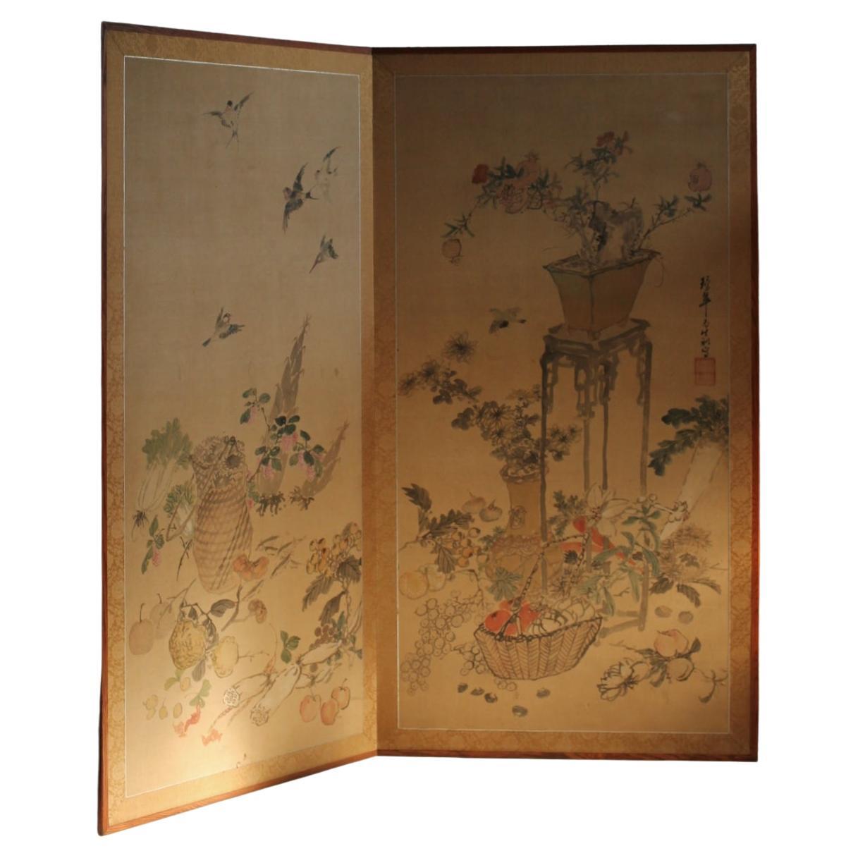 Antiquariato giapponese  Fiori Uccelli Frutta Verdura, paravento pieghevole, 2 pannelli Seta