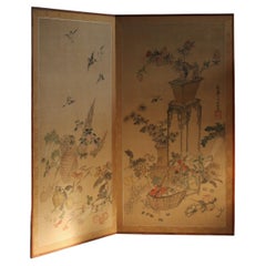 Japanese Antiques  Flowers Birds Fruits Vegetables, folding Screen, 2panels Silk