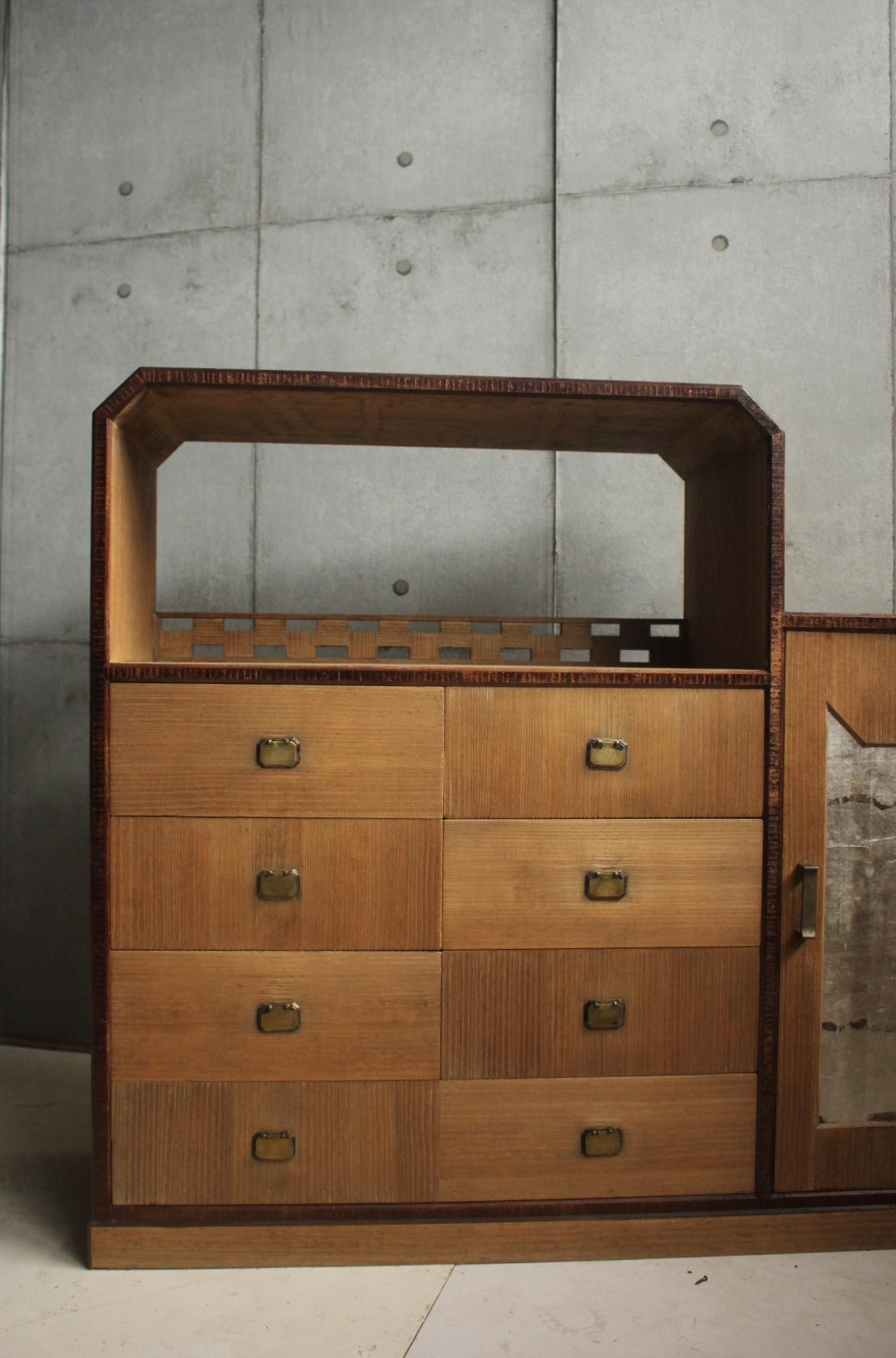 Carved Old Japanese Modern Geometric design by a great joiner Paulownia wood drawer For Sale