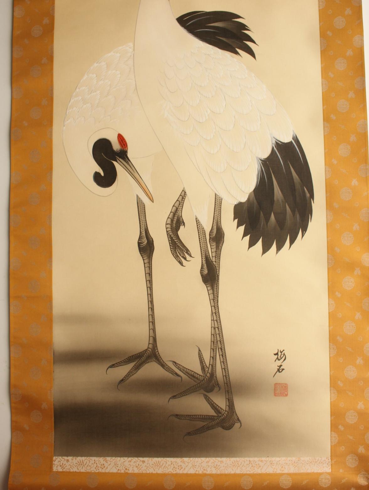 Asian Japanese Antiques Hanging scroll, crane, silk For Sale