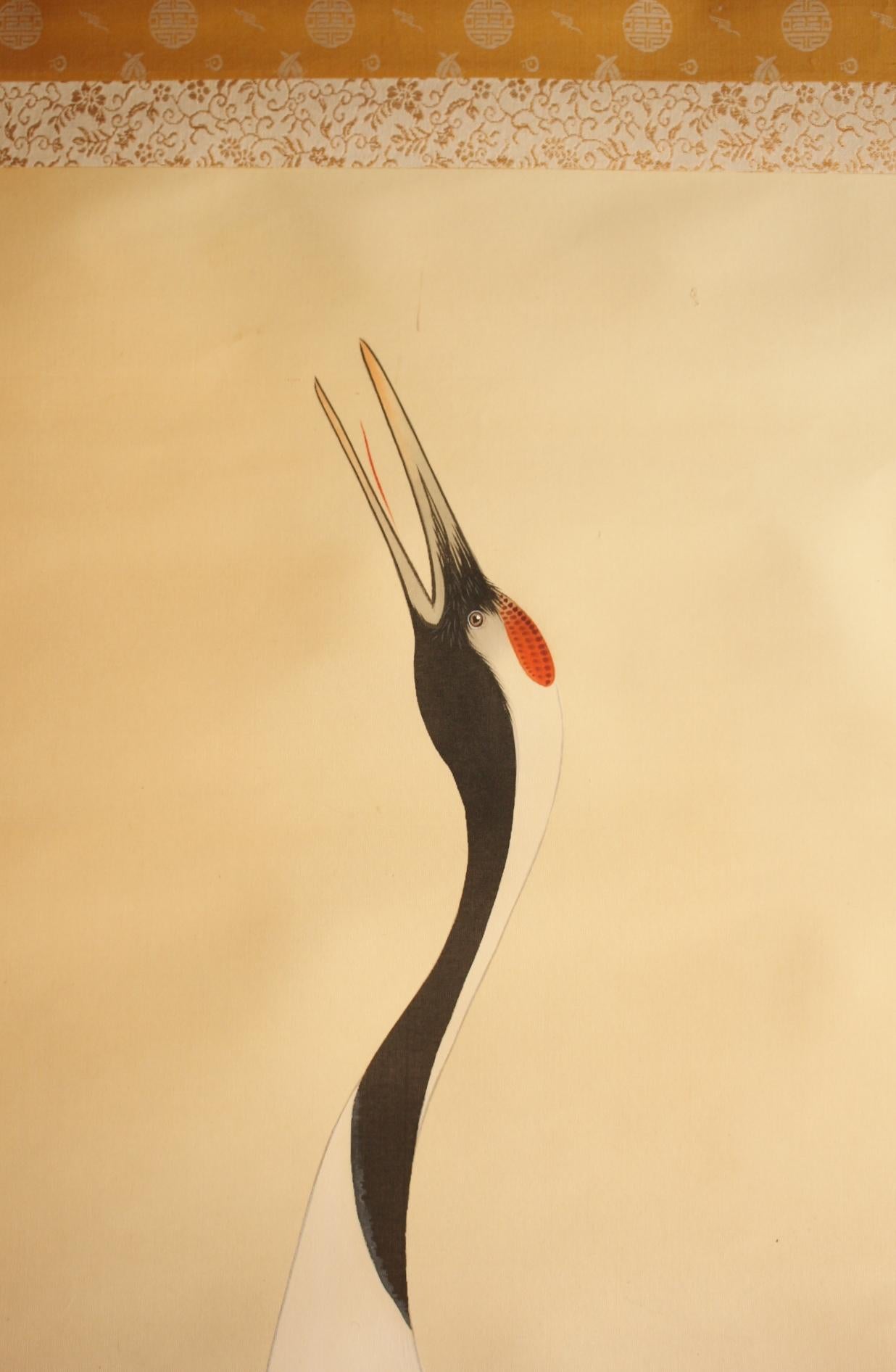 Hand-Painted Japanese Antiques Hanging scroll, crane, silk For Sale