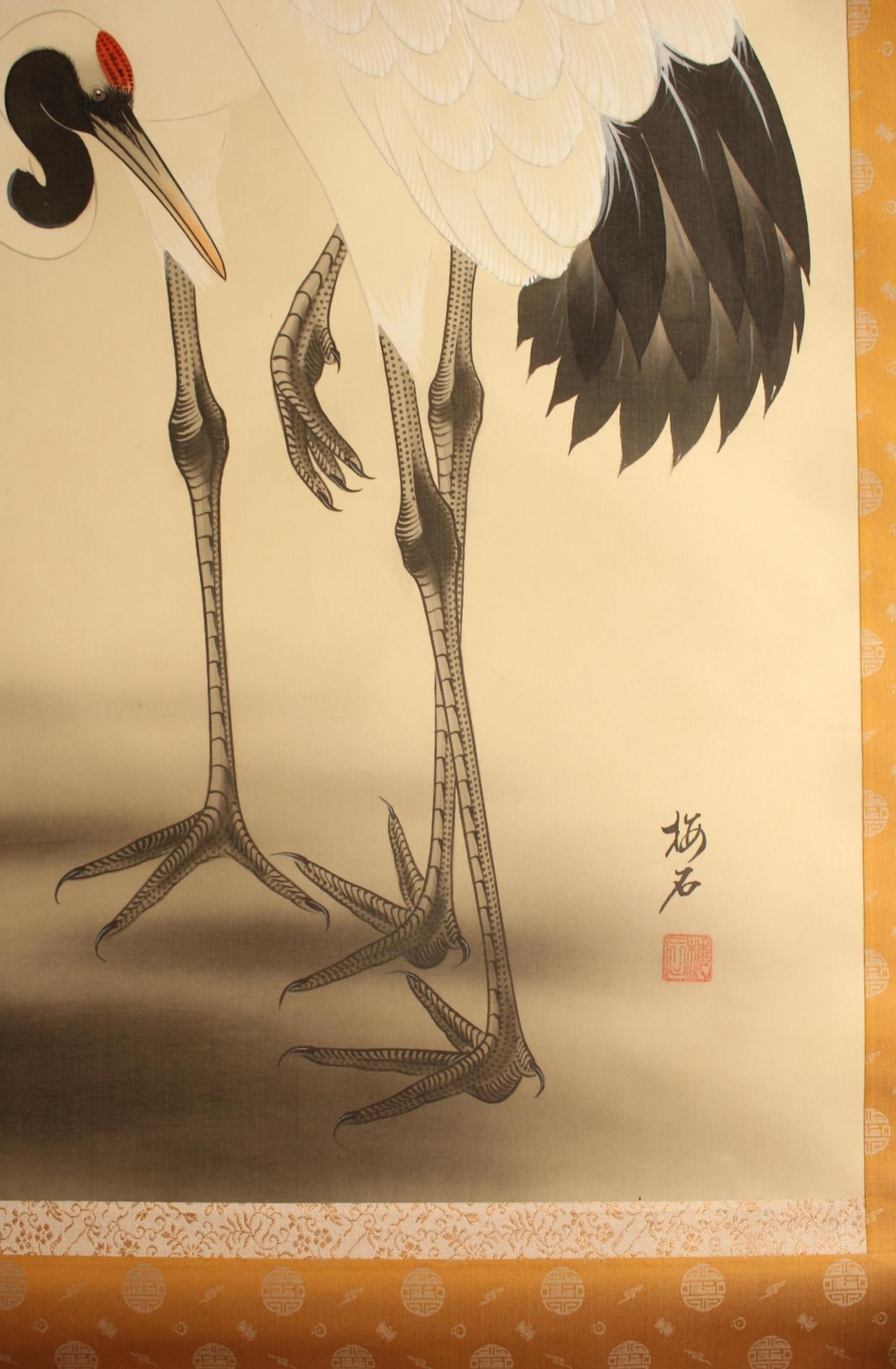 Japanese Antiques Hanging scroll, crane, silk For Sale 1