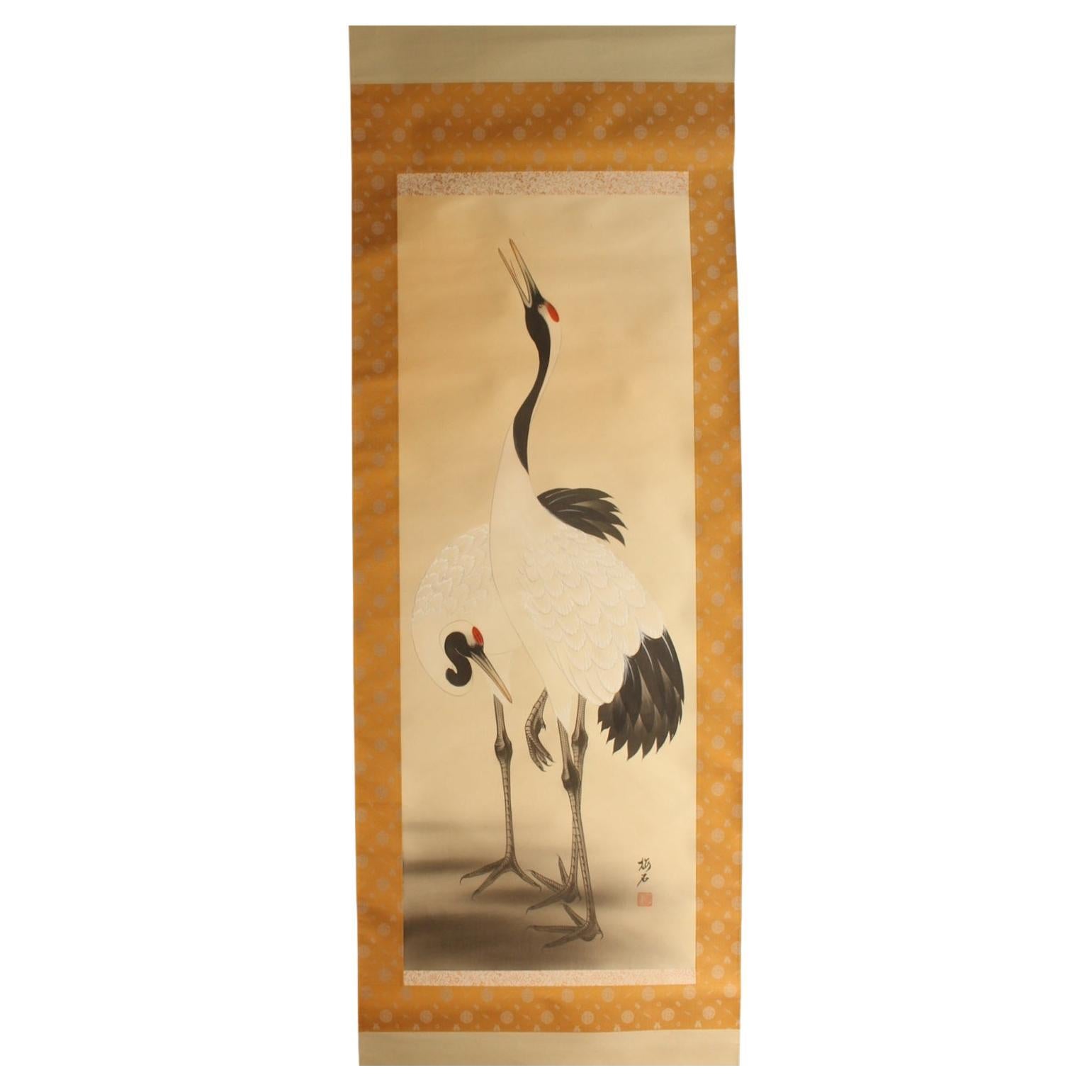 Antiquités japonaises Rouleau suspendu, Crane, soie