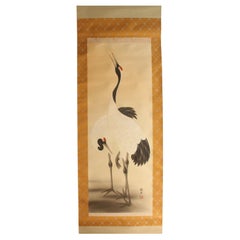 Japanese Antiques Hanging scroll, crane, silk