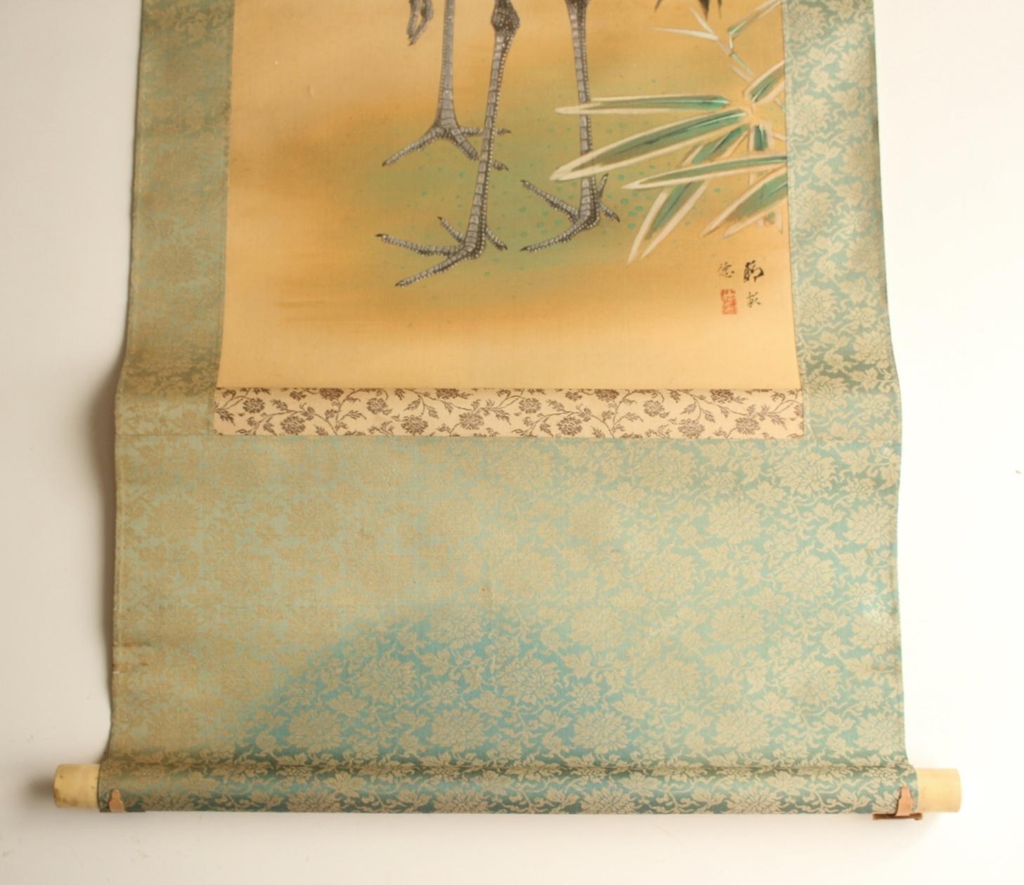 Japanese Antiques Hanging scroll, Pine and crane, silk For Sale 6