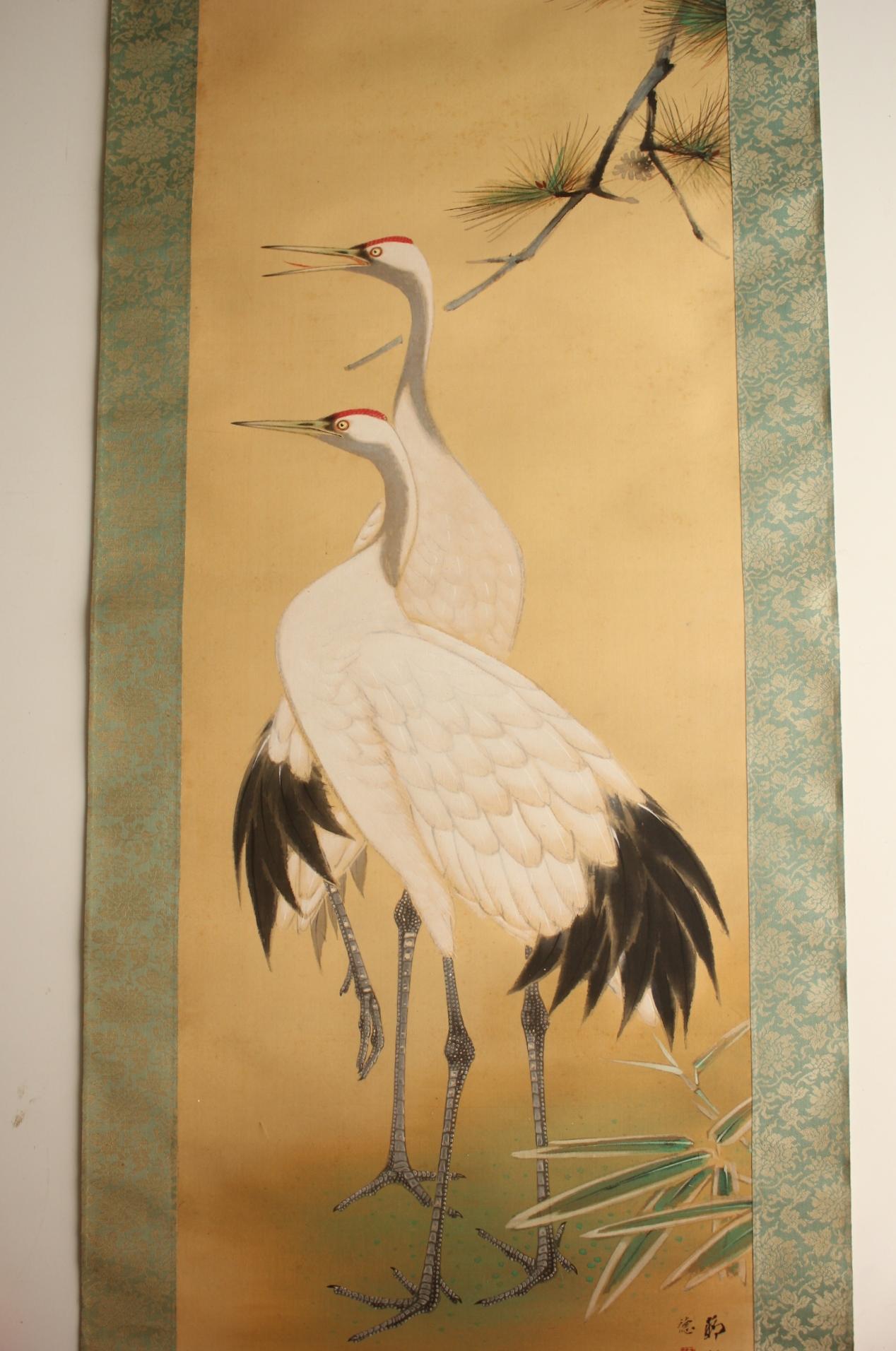 Hand-Painted Japanese Antiques Hanging scroll, Pine and crane, silk For Sale