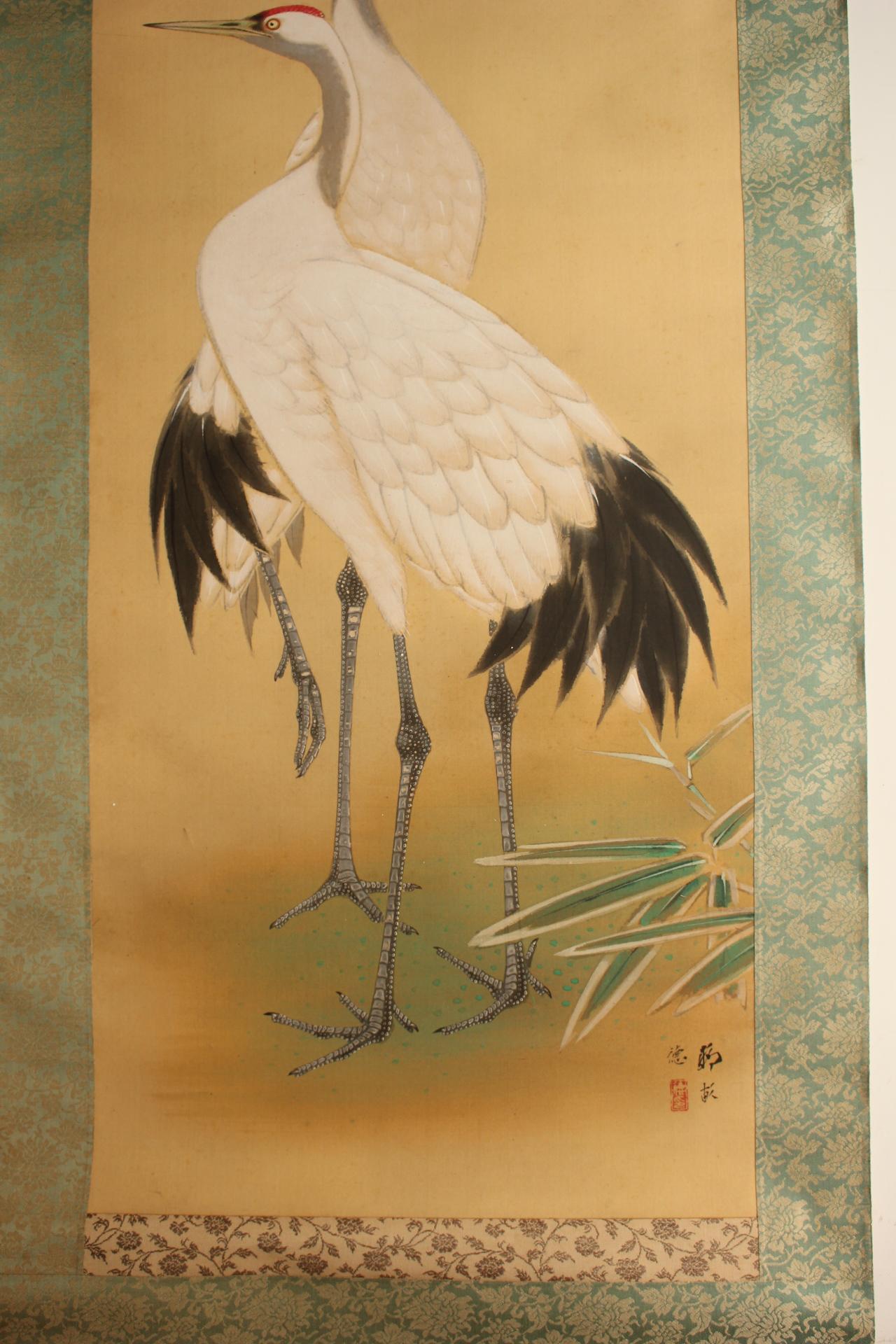 20th Century Japanese Antiques Hanging scroll, Pine and crane, silk For Sale