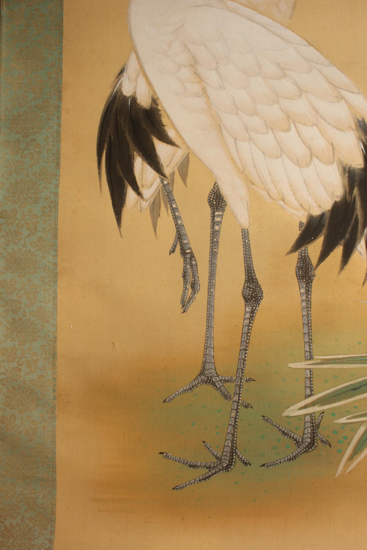 Silk Japanese Antiques Hanging scroll, Pine and crane, silk For Sale