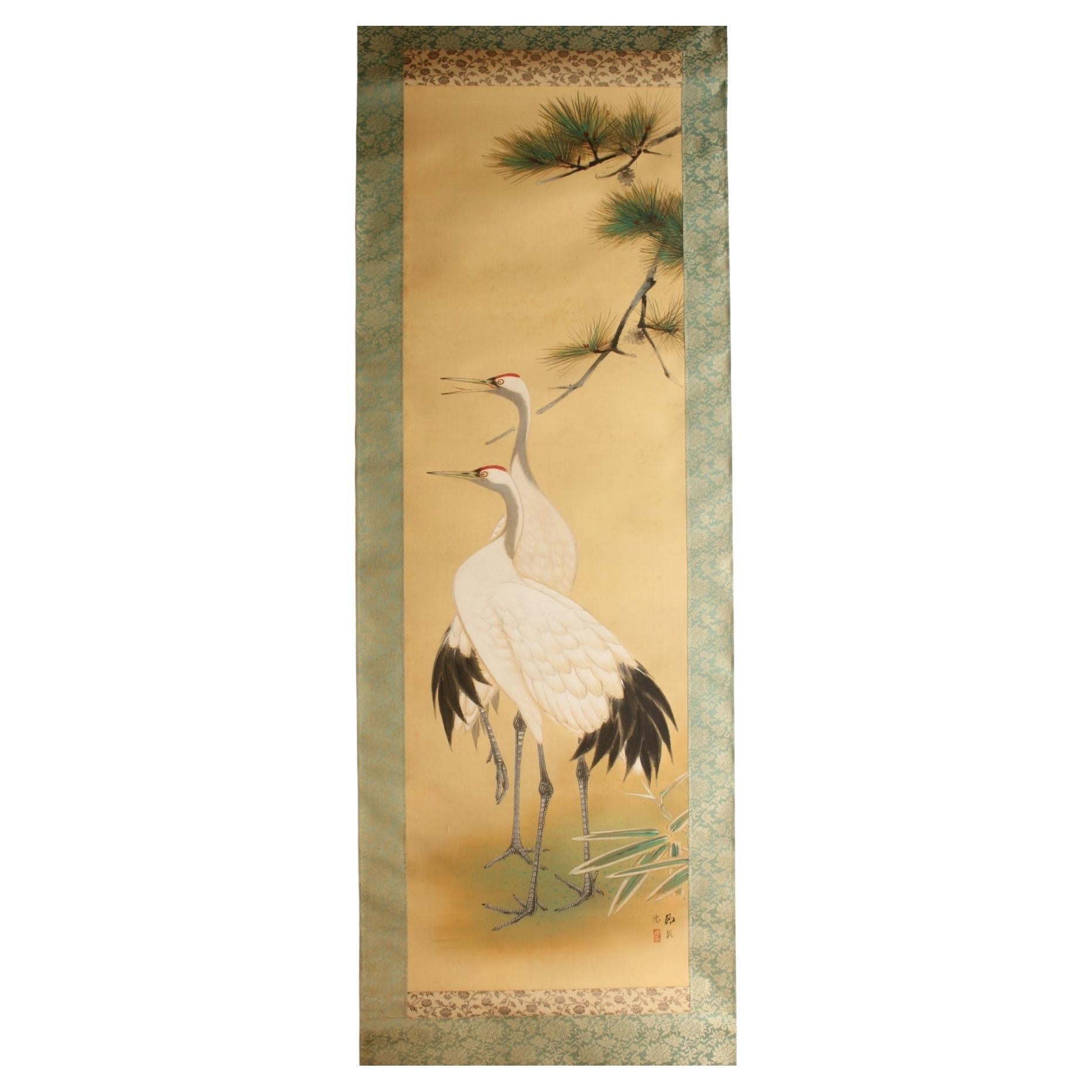 Japanese Antiques Hanging scroll, Pine and crane, silk