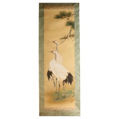 Japanese Antiques Hanging scroll, Pine and crane, silk
