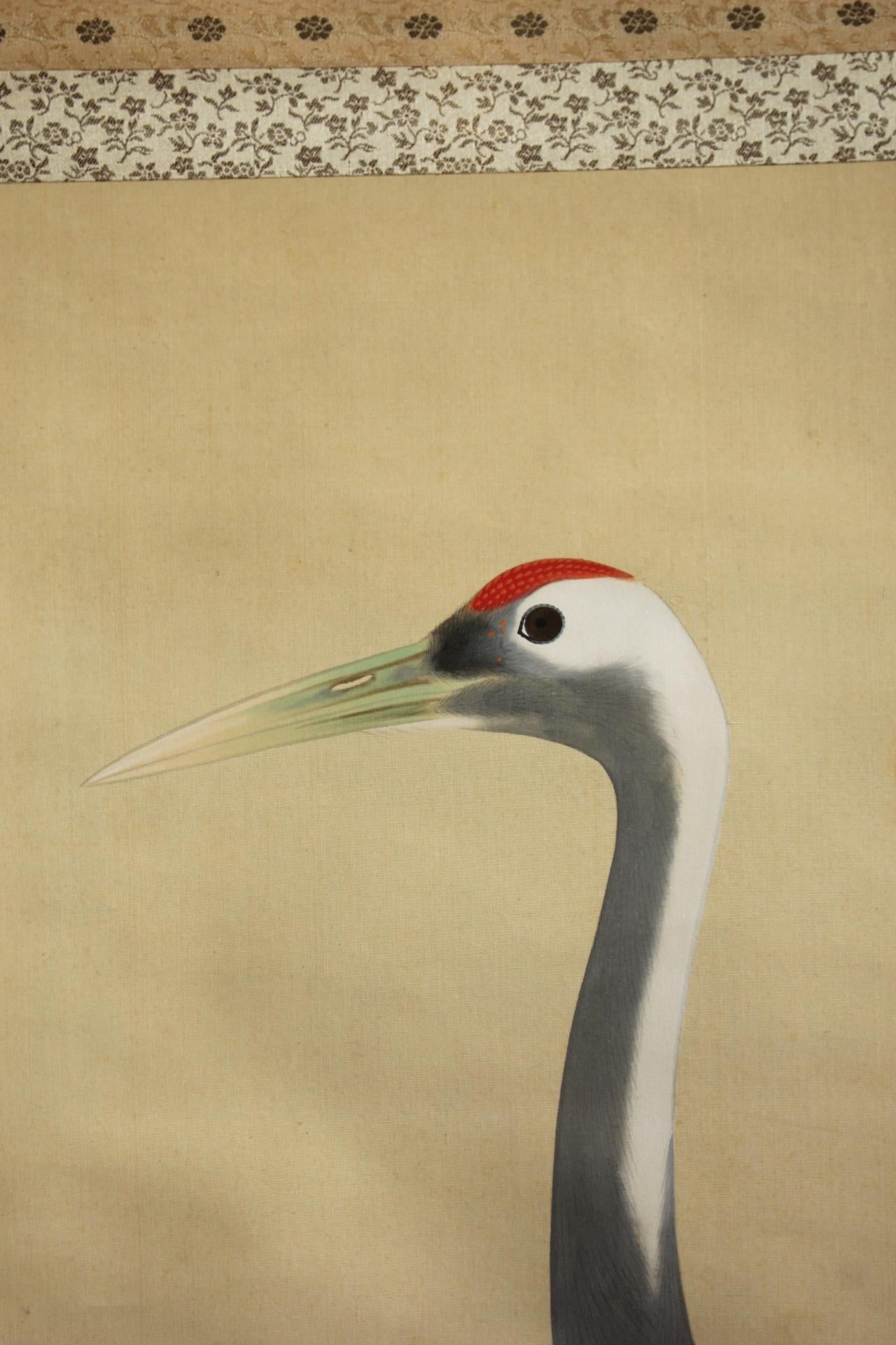 19th Century Japanese Antiques Hanging scroll, silk, crane For Sale